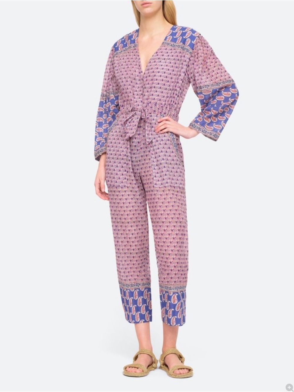 Sea New York Bianca Paisley Mixed Print Jumpsuit Purple Navy Size 6 Boho Hippie